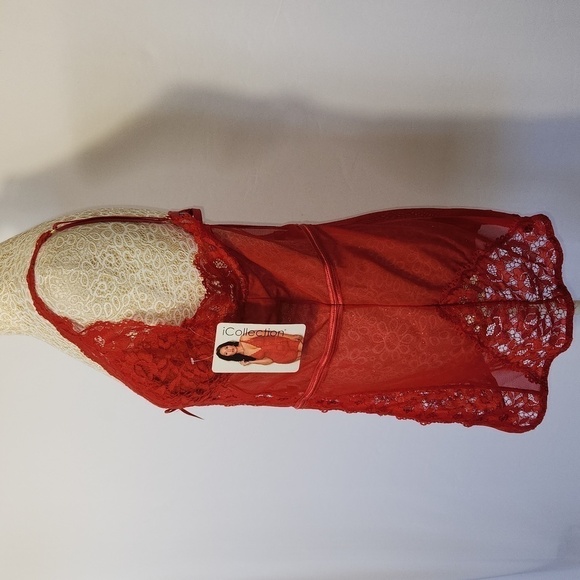 iCollection Women's Red Lace Mesh Adjustable Strap Hook Eye Lingerie Chemise 1X - Picture 6 of 14